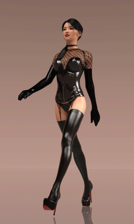 Animated Asian slut strutting in black latex and heels (Pixiv: AroLL)